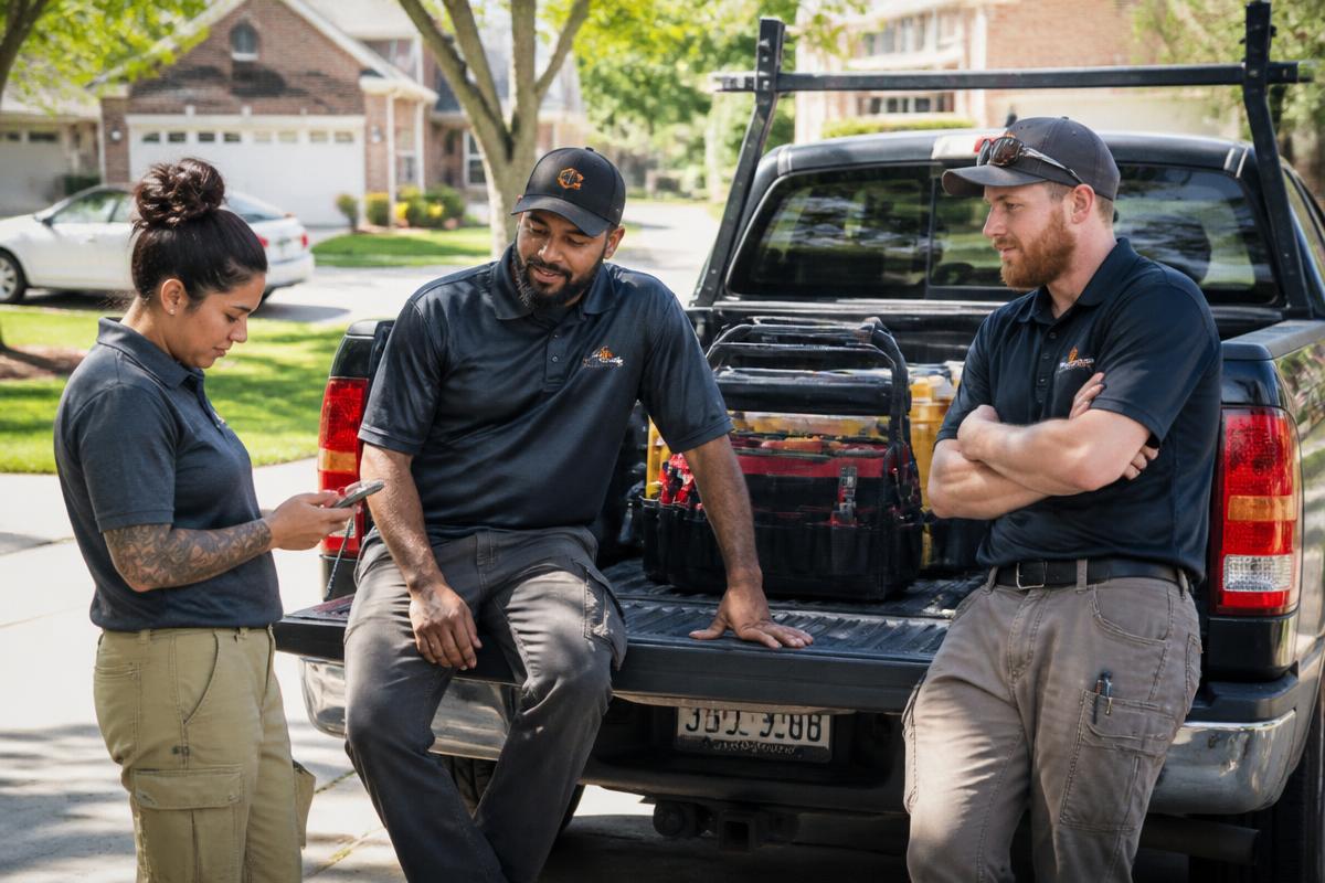 Small three-person home service crew starting their day at the back of a work truck