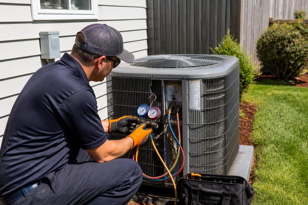 HVAC technician servicing a residential air conditioner while the homeowner follows the job in the client portal