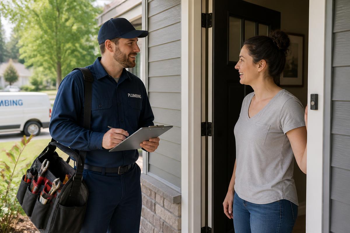 Plumber discussing a quote with a homeowner at her front door