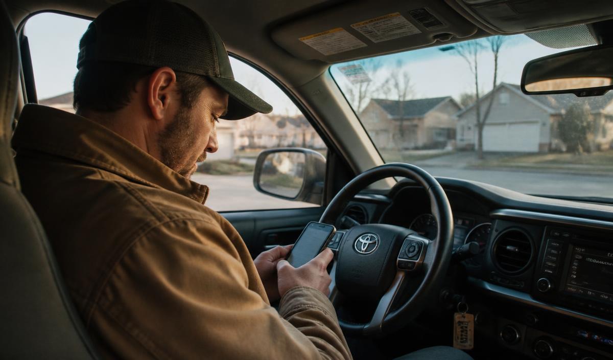 Contractor in his truck juggling texts, notes and calendar apps before a job